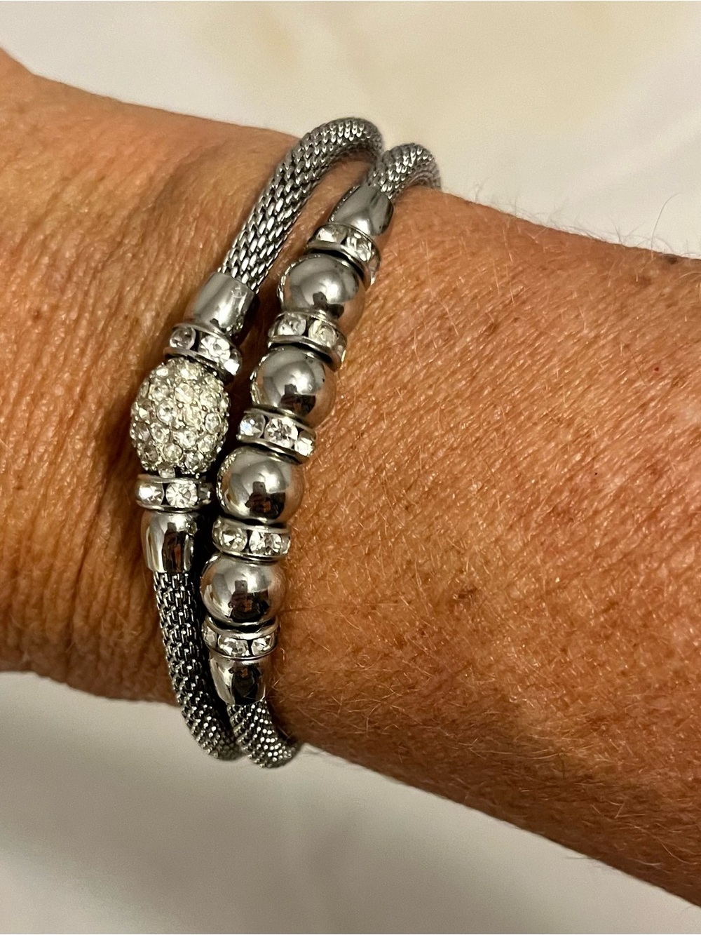 Silver Crystal Stretch Mesh Bracelets (2) - Women's Fashion Jewelry